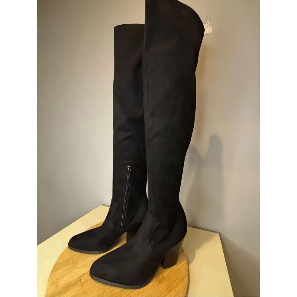Marc Fisher Women's Suede Knee High Side Zip Heeled‎ Boots Black Size 6M